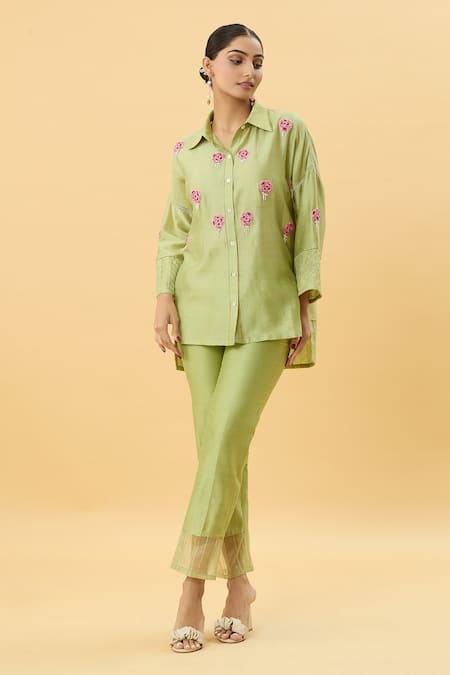Buy Mukta Sabharwal Green Chanderi Silk Lining Cotton Embroidery Floret Tassel Shirt With Pant Online at Aza Fashions Buy_Mukta Sabharwal_Green Chanderi Silk Lining Cotton Embroidery Floret Tassel Shirt With Pant _Online_at_Aza_Fashions