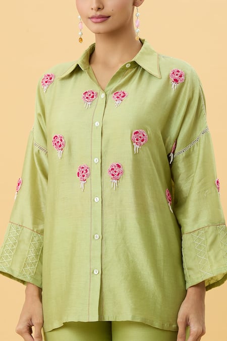 Shop Mukta Sabharwal Green Chanderi Silk Lining Cotton Embroidery Floret Tassel Shirt With Pant Online at Aza Fashions Shop_Mukta Sabharwal_Green Chanderi Silk Lining Cotton Embroidery Floret Tassel Shirt With Pant _Online_at_Aza_Fashions