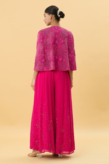 Shop Mukta Sabharwal Pink Georgette, Organza, Linen Petunia Garden Embellished Cape Sharara Set at Aza Fashions Shop_Mukta Sabharwal_Pink Georgette, Organza, Linen Petunia Garden Embellished Cape Sharara Set _at_Aza_Fashions