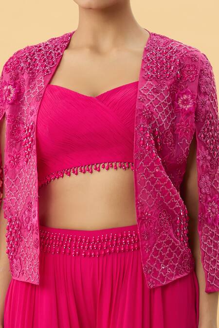 Buy Mukta Sabharwal Pink Georgette, Organza, Linen Petunia Garden Embellished Cape Sharara Set Online at Aza Fashions Buy_Mukta Sabharwal_Pink Georgette, Organza, Linen Petunia Garden Embellished Cape Sharara Set _Online_at_Aza_Fashions