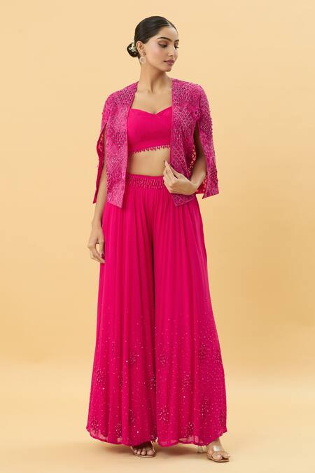Shop Mukta Sabharwal Pink Georgette, Organza, Linen Petunia Garden Embellished Cape Sharara Set Online at Aza Fashions Shop_Mukta Sabharwal_Pink Georgette, Organza, Linen Petunia Garden Embellished Cape Sharara Set _Online_at_Aza_Fashions