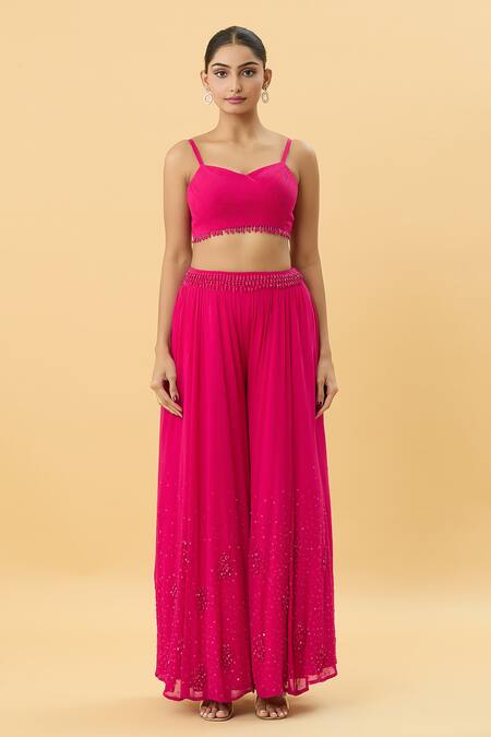 Mukta Sabharwal Pink Georgette, Organza, Linen Petunia Garden Embellished Cape Sharara Set at Aza Fashions Mukta Sabharwal_Pink Georgette, Organza, Linen Petunia Garden Embellished Cape Sharara Set _at_Aza_Fashions