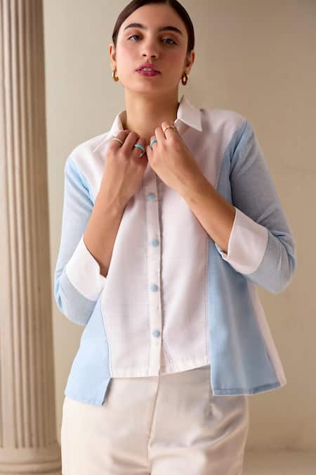 Buy Savaaya Blue Linen Blend Colourblock Shirt Collar Panel Online at Aza Fashions Buy_Savaaya_Blue Linen Blend Colourblock Shirt Collar Panel _Online_at_Aza_Fashions