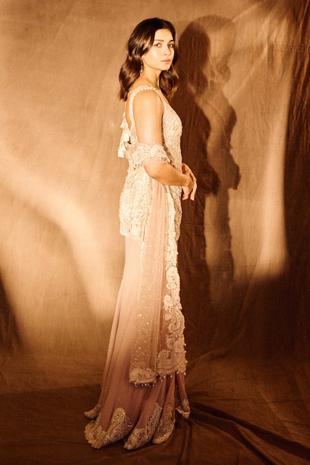 Seema Gujral_Pink Georgette Pearls, Crystals, Cut Work V-neck Embroidered Kurta Sharara Set _Online_at_Aza_Fashions