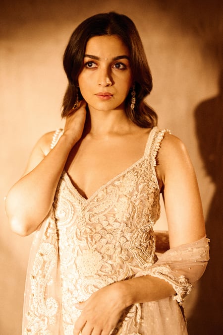 Seema Gujral_Pink Georgette Pearls, Crystals, Cut Work V-neck Embroidered Kurta Sharara Set _at_Aza_Fashions