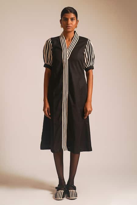 Atbw_Black Cotton V-neck Contrast Dori Work A-line Dress_Online_at_Aza_Fashions