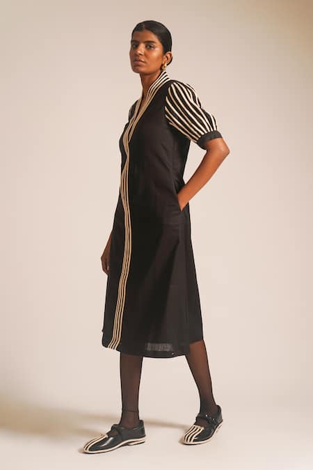 Buy_Atbw_Black Cotton V-neck Contrast Dori Work A-line Dress_Online_at_Aza_Fashions