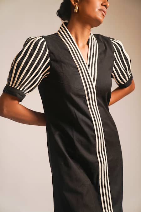 Shop_Atbw_Black Cotton V-neck Contrast Dori Work A-line Dress_Online_at_Aza_Fashions