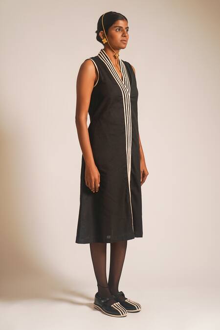 Atbw_Black Cotton V-neck Contrast Dori Work Overlap Dress_Online_at_Aza_Fashions