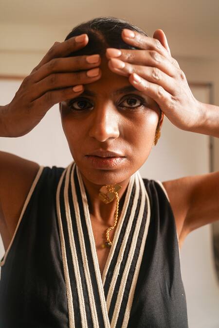 Atbw_Black Cotton V-neck Contrast Dori Work Overlap Dress_at_Aza_Fashions