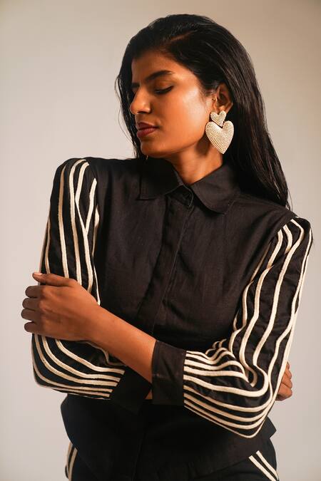 Shop_Atbw_Black Cotton Collared Contrast Dori Work Shirt_Online_at_Aza_Fashions
