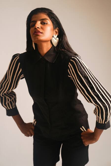 Atbw_Black Cotton Collared Contrast Dori Work Shirt_at_Aza_Fashions