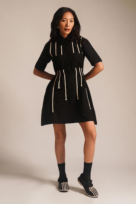 ATBW Black Cotton Embellished Dori Collared Short Dress 