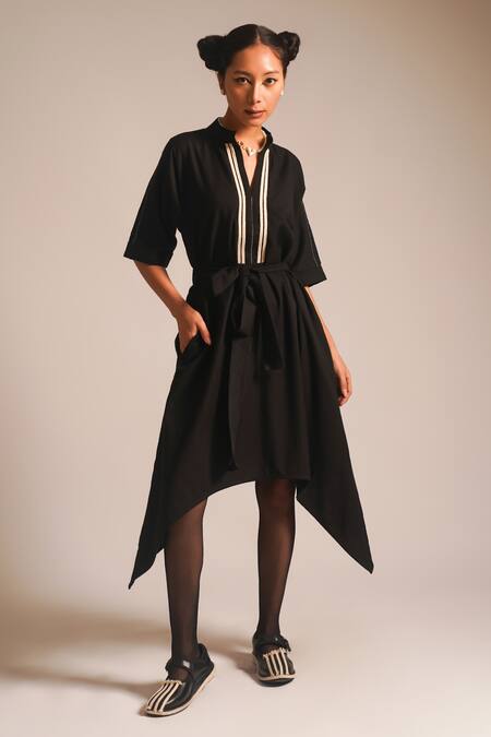 Atbw_Black Cotton Beads Collared Dori Embellished Asymmetric Dress_Online_at_Aza_Fashions