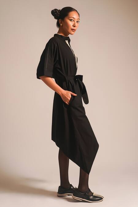 Buy_Atbw_Black Cotton Beads Collared Dori Embellished Asymmetric Dress_Online_at_Aza_Fashions