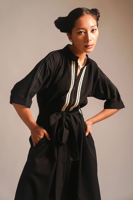 Shop_Atbw_Black Cotton Beads Collared Dori Embellished Asymmetric Dress_Online_at_Aza_Fashions