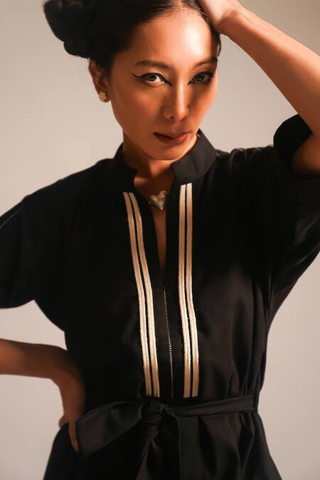 Atbw_Black Cotton Beads Collared Dori Embellished Asymmetric Dress_at_Aza_Fashions