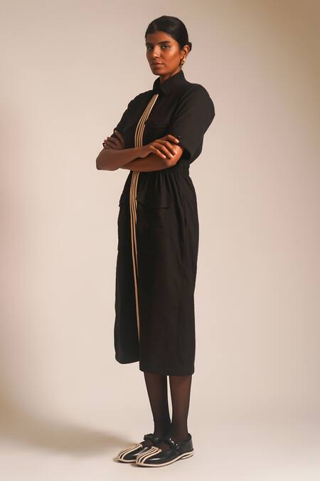 Atbw_Black Cotton Collared Dori Work Pocketed Midi Dress_Online_at_Aza_Fashions