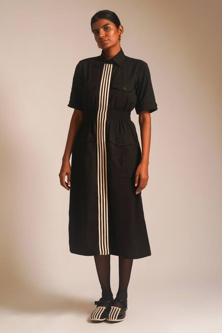 Buy_Atbw_Black Cotton Collared Dori Work Pocketed Midi Dress_Online_at_Aza_Fashions