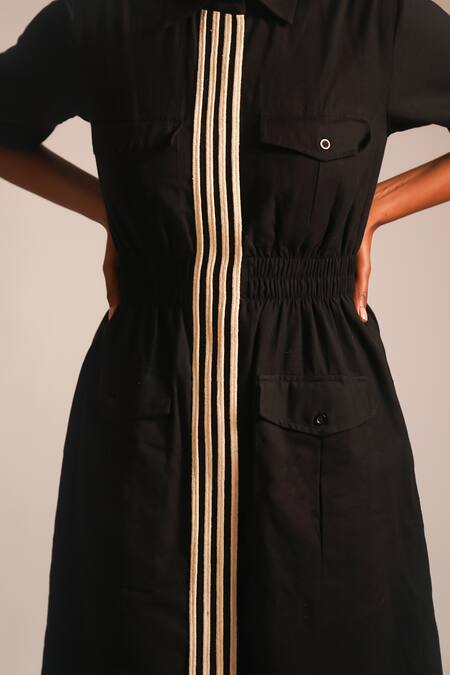 Shop_Atbw_Black Cotton Collared Dori Work Pocketed Midi Dress_Online_at_Aza_Fashions