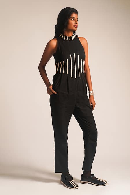 ATBW Black Cotton Dori Halter Neck Work Jumpsuit 