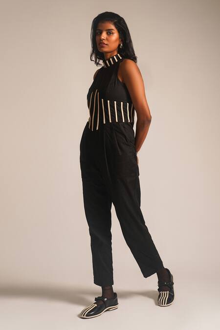 Atbw_Black Cotton Halter Neck Dori Work Jumpsuit_Online_at_Aza_Fashions