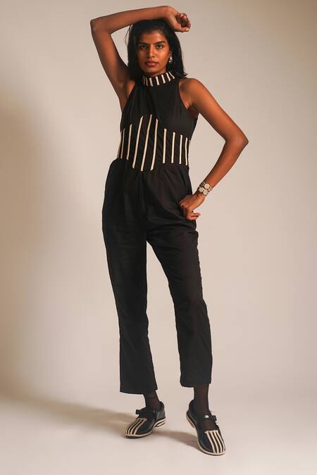 Buy_Atbw_Black Cotton Halter Neck Dori Work Jumpsuit_Online_at_Aza_Fashions
