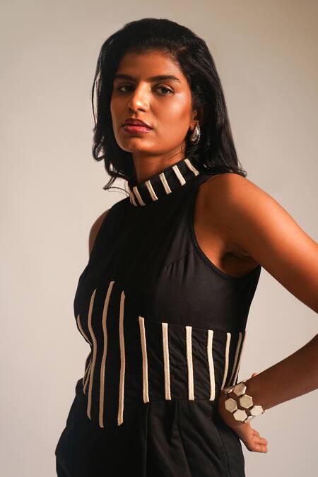 Shop_Atbw_Black Cotton Halter Neck Dori Work Jumpsuit_Online_at_Aza_Fashions