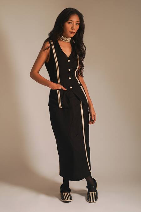 Atbw_Black Cotton Dori Detailed Back Slit Skirt_Online_at_Aza_Fashions