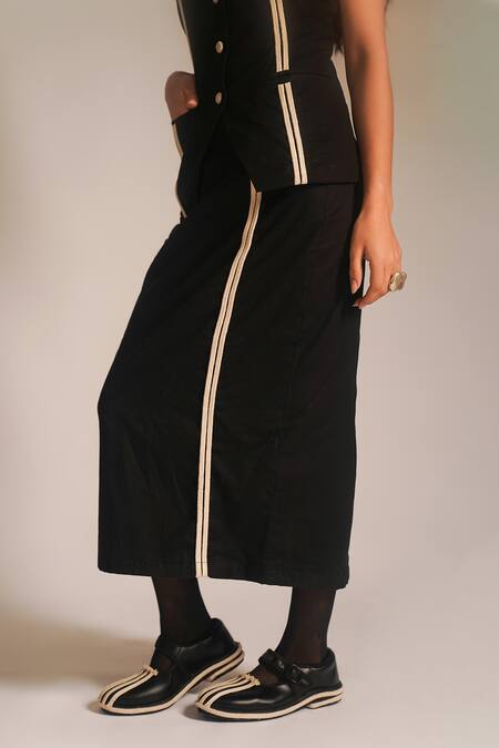 Shop_Atbw_Black Cotton Dori Detailed Back Slit Skirt_Online_at_Aza_Fashions