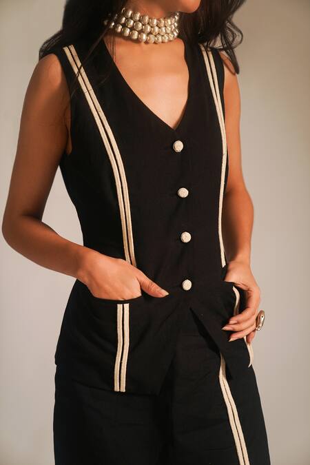 Buy Atbw Black Cotton Embroidery V-neck Dori Work Waist Coat Online at Aza Fashions Buy_Atbw_Black Cotton Embroidery V-neck Dori Work Waist Coat_Online_at_Aza_Fashions