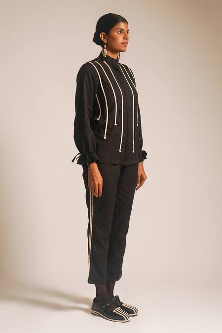 Atbw_Black Cotton Bandeau Neck Drawstring Wrist Dori Embellished Shirt_Online_at_Aza_Fashions