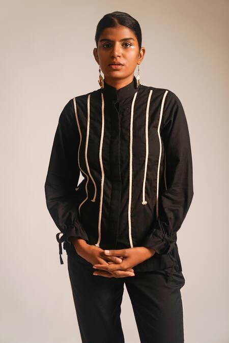 Buy_Atbw_Black Cotton Bandeau Neck Drawstring Wrist Dori Embellished Shirt_Online_at_Aza_Fashions