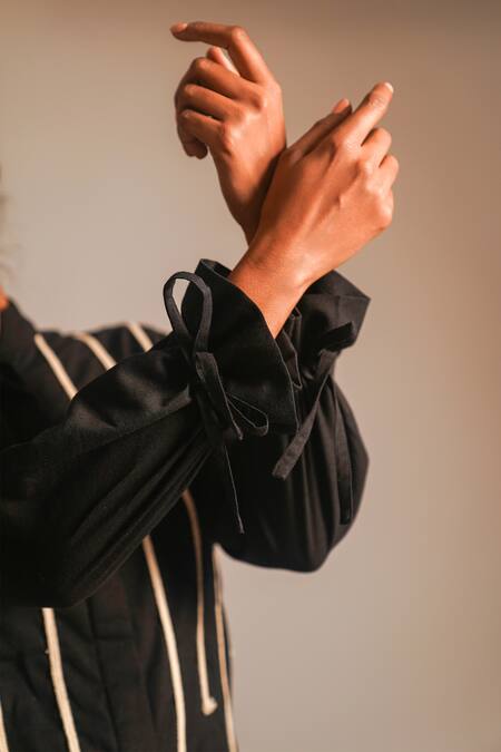 Shop_Atbw_Black Cotton Bandeau Neck Drawstring Wrist Dori Embellished Shirt_Online_at_Aza_Fashions