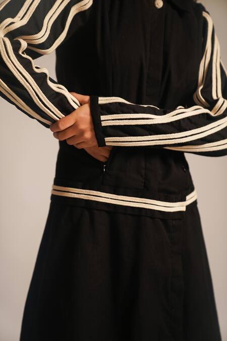 Atbw_Black Cotton Collared Dori Work Overlapped Short Dress_at_Aza_Fashions