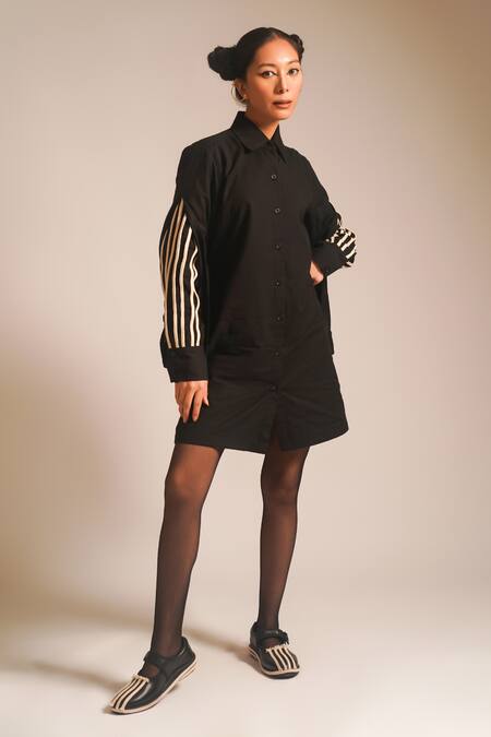 Atbw_Black Cotton Collared Double Layered Sleeve Shirt Dress_Online_at_Aza_Fashions