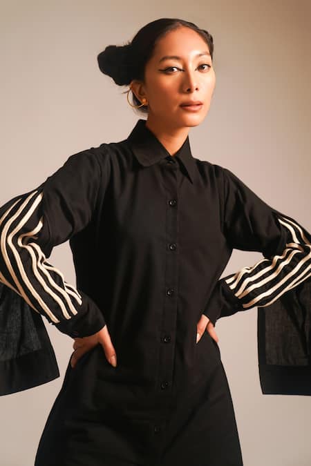 Shop_Atbw_Black Cotton Collared Double Layered Sleeve Shirt Dress_Online_at_Aza_Fashions