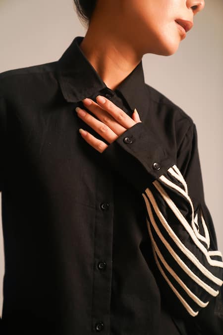 Atbw_Black Cotton Collared Double Layered Sleeve Shirt Dress_at_Aza_Fashions