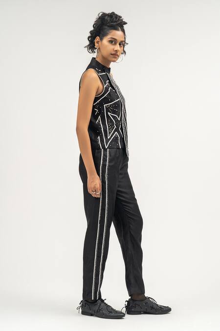 Atbw Black Chanderi Embroidery High Neck Dori Top And Pant Co-ord Set Online at Aza Fashions Atbw_Black Chanderi Embroidery High Neck Dori Top And Pant Co-ord Set_Online_at_Aza_Fashions