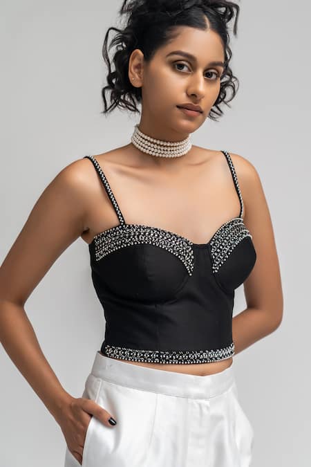 Buy_Atbw_Black Chanderi Pearls, Beads Sweetheart Neck Embellished Bustier_Online_at_Aza_Fashions