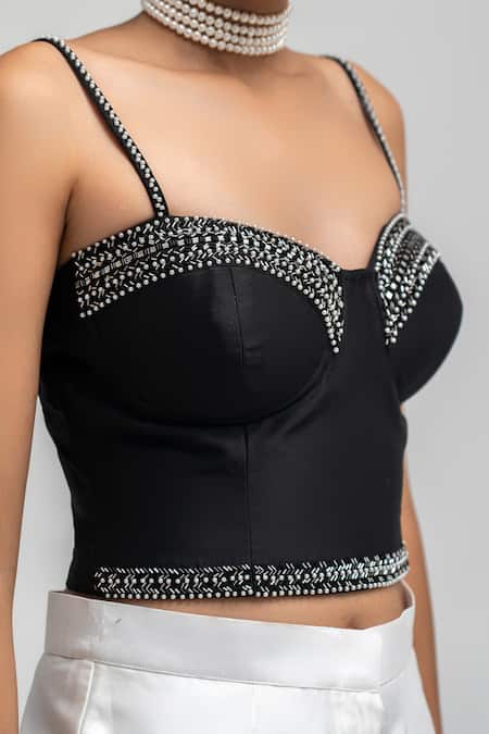 Shop_Atbw_Black Chanderi Pearls, Beads Sweetheart Neck Embellished Bustier_Online_at_Aza_Fashions