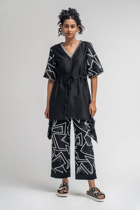 Atbw_Black Chanderi Pearls, Beads V-neck Embroidered Placement Kaftan With Pant_Online_at_Aza_Fashions