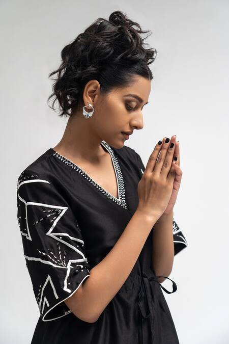 Shop_Atbw_Black Chanderi Pearls, Beads V-neck Embroidered Placement Kaftan With Pant_Online_at_Aza_Fashions