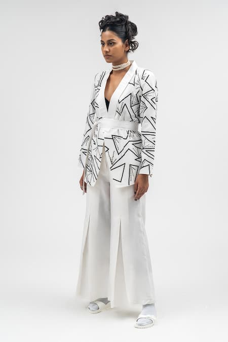 Buy_Atbw_White Chanderi Pearls, Beads, Embroidery Thread Blazer Pant Set_Online_at_Aza_Fashions