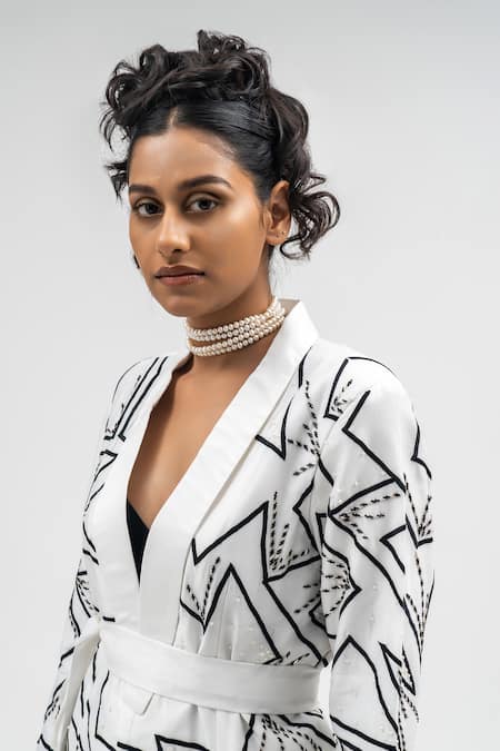 Shop_Atbw_White Chanderi Pearls, Beads, Embroidery Thread Blazer Pant Set_Online_at_Aza_Fashions