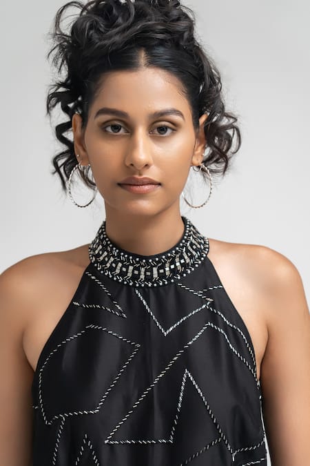 Shop Atbw Black Chanderi Pearls, Beads Bandeau Neck Embellished Dress Online at Aza Fashions Shop_Atbw_Black Chanderi Pearls, Beads Bandeau Neck Embellished Dress_Online_at_Aza_Fashions