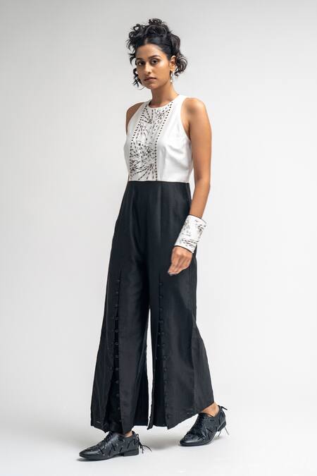 Atbw_Black Chanderi Pearls, Beads Round Neck Embellished Yoke Jumpsuit_Online_at_Aza_Fashions