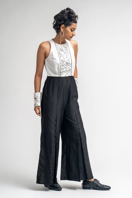 Buy_Atbw_Black Chanderi Pearls, Beads Round Neck Embellished Yoke Jumpsuit_Online_at_Aza_Fashions