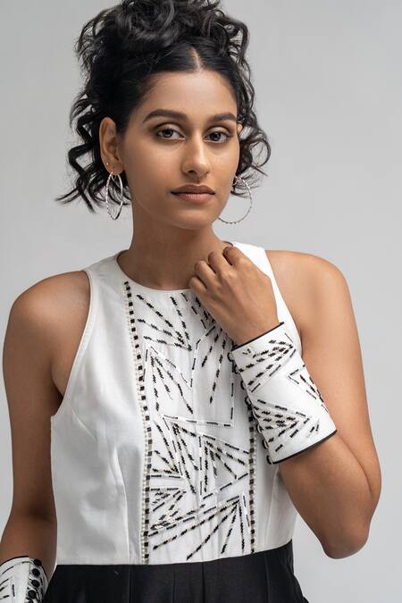 Atbw_Black Chanderi Pearls, Beads Round Neck Embellished Yoke Jumpsuit_at_Aza_Fashions