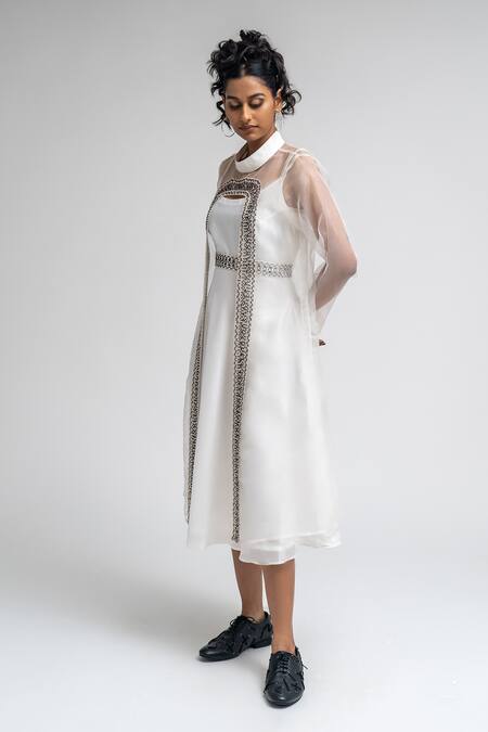 Atbw_White Organza, Chanderi Pearls, Beads Round Embellished Sheer Cape Dress Set_Online_at_Aza_Fashions